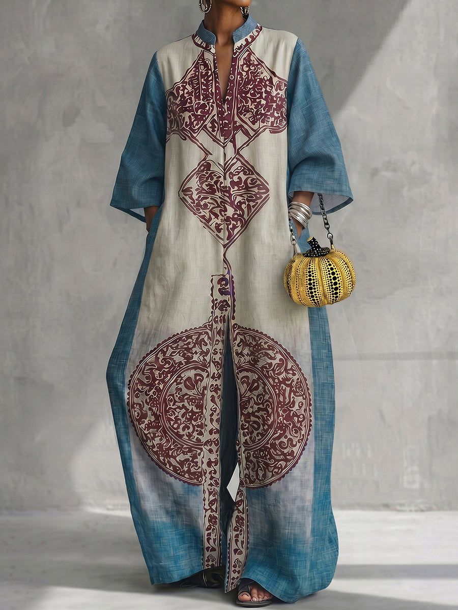 Romilda™ | Loose Three-Quarter Sleeve Contrast Color Ethnic Printed Pockets V-Neck Jumpsuit