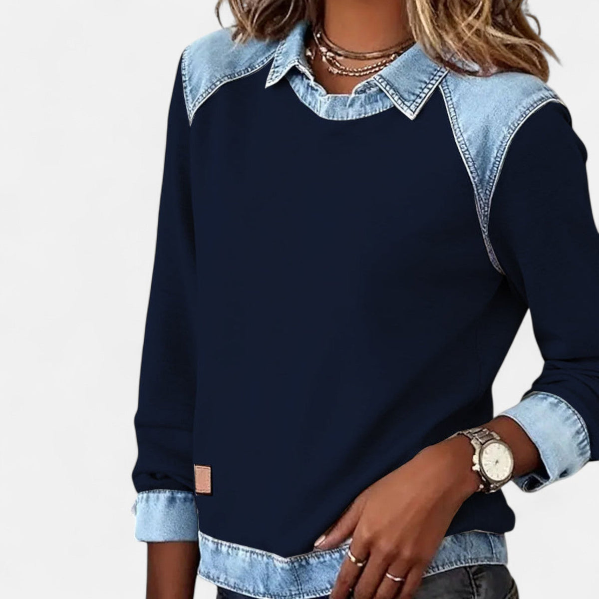 Ruth | Women's Denim Patchwork Collared Sweatshirt