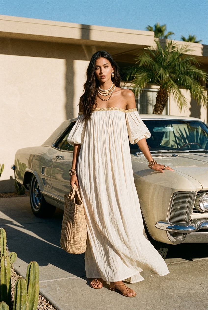 Oriselle™ | Off-the-Shoulder Pleated Ivory Maxi Dress