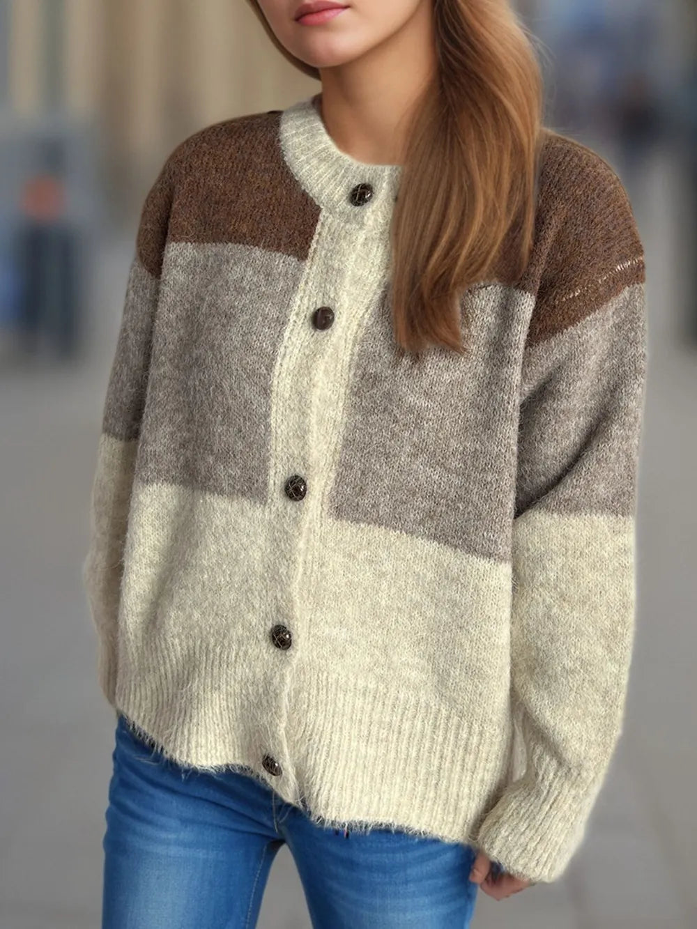 Elowyn™ | Color Block Round Neck Button-Up Cardigan