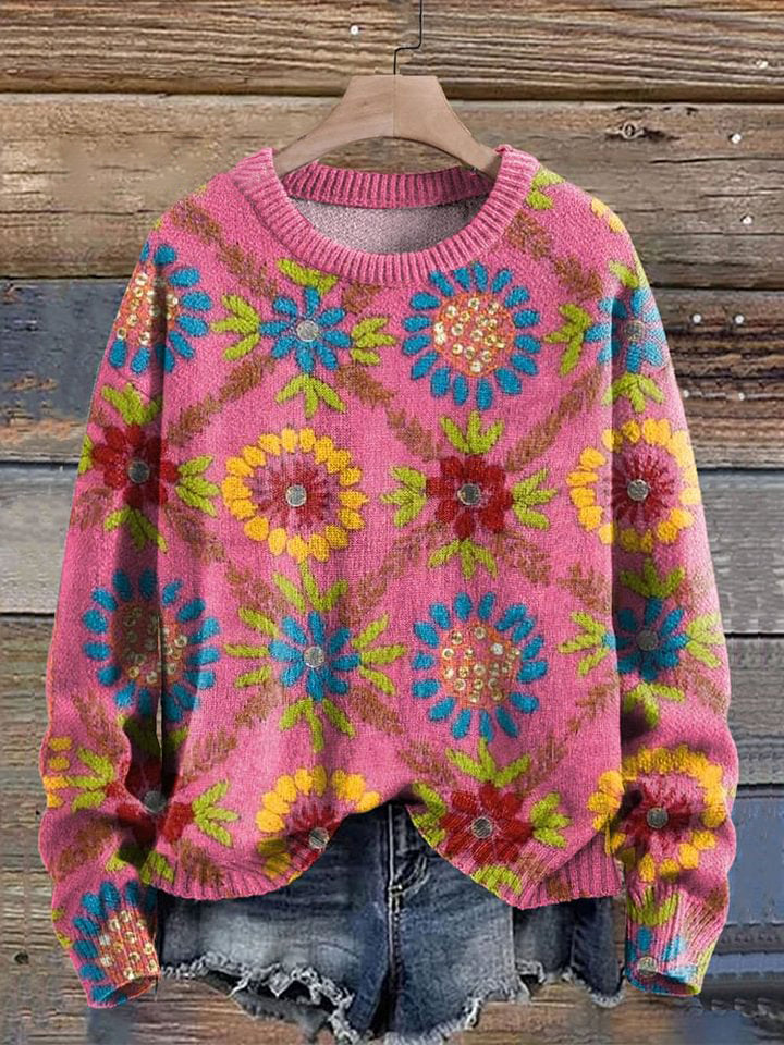 Rosafleur™ | Retro Floral Graphic Print Pullover Sweater
