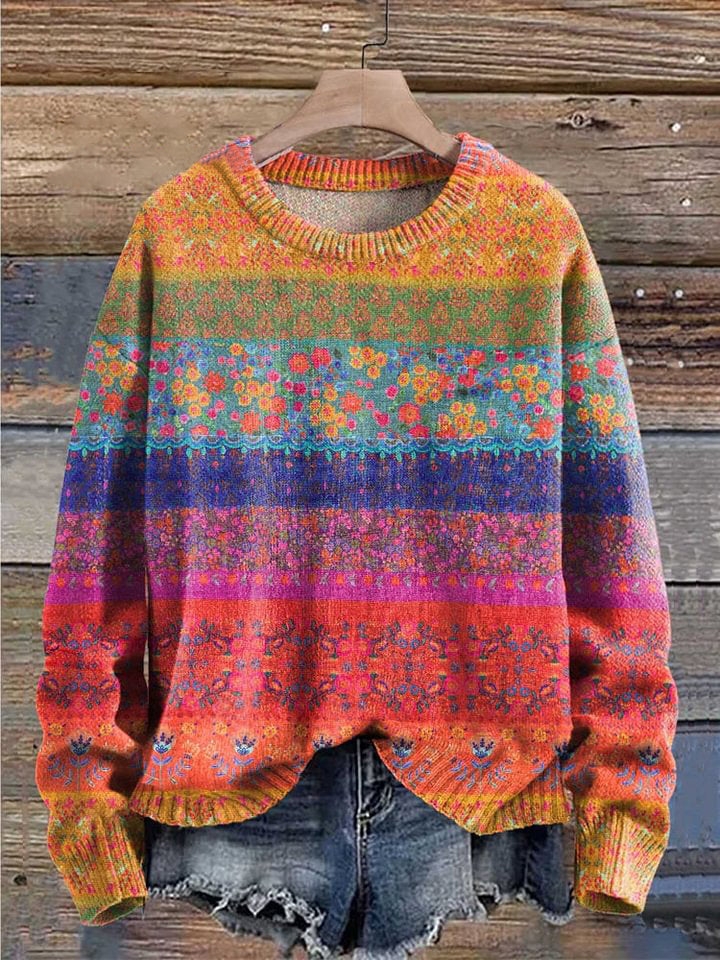 Juneva™ | Colorful Stripes Floral Print Pullover Sweater