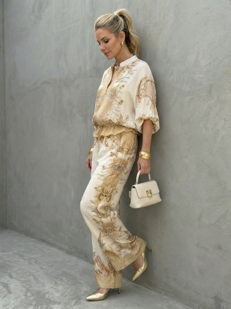 Orveline™ | Zip Front Blouson Top Printed Two Piece Set