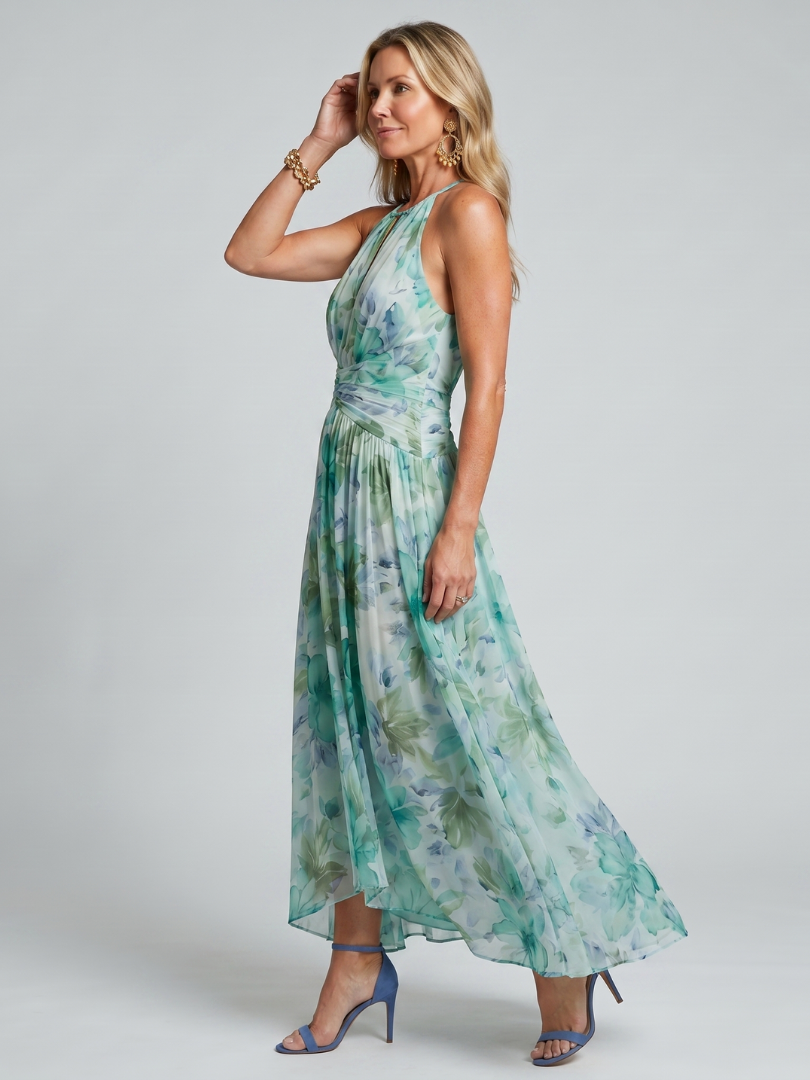 Vespara™ | Halter Neck Floral Print Pleated Midi Dress
