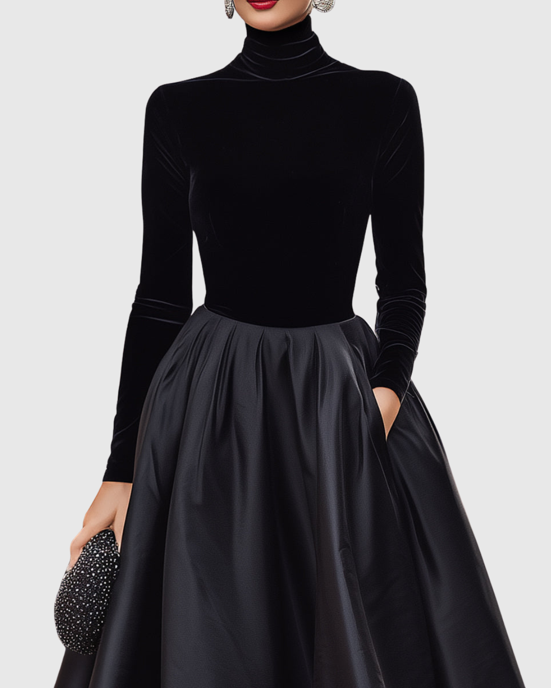 Elegant Black Velvet And Satin Midi Dress