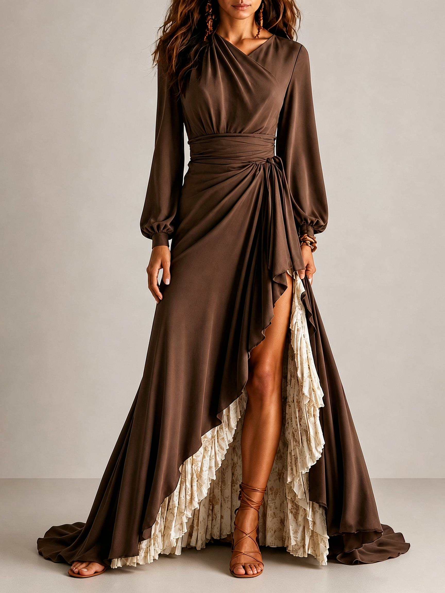 Bianca™ | Wrap V-Neck Lantern Sleeve Two-Layer Ruffle Slit Maxi Formal Dress