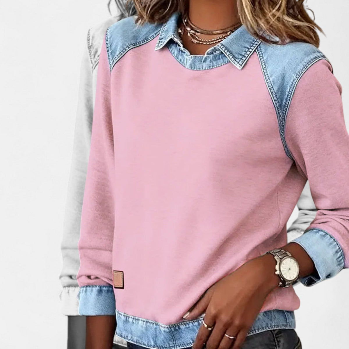 Ruth | Women's Denim Patchwork Collared Sweatshirt