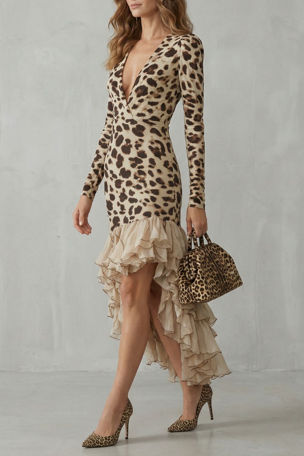 Aurinda™ | Ruffled Hem Leopard Print Midi Dress