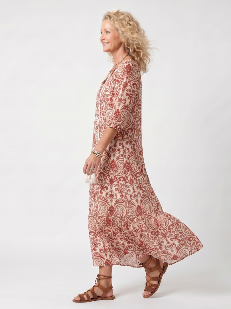 Nevara™ | Ornate Print Tassel Tie Midi Dress