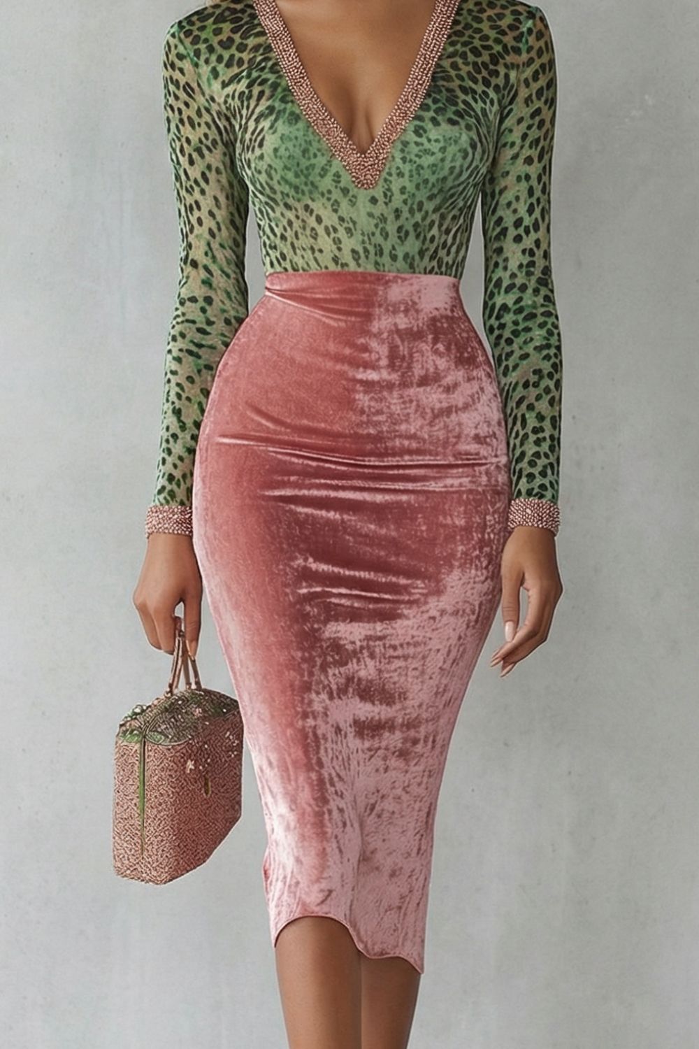 Belvaine™ | Leopard Contrast Bodycon Midi Dress