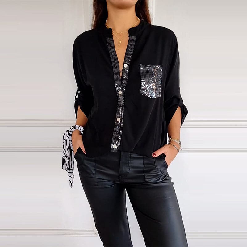Lucette™ | Sequin Trim Button-Up Shirt