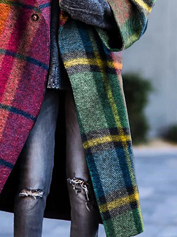 Trevaine™ | Loose Contrast Plaid Patchwork Lapel Long Coat