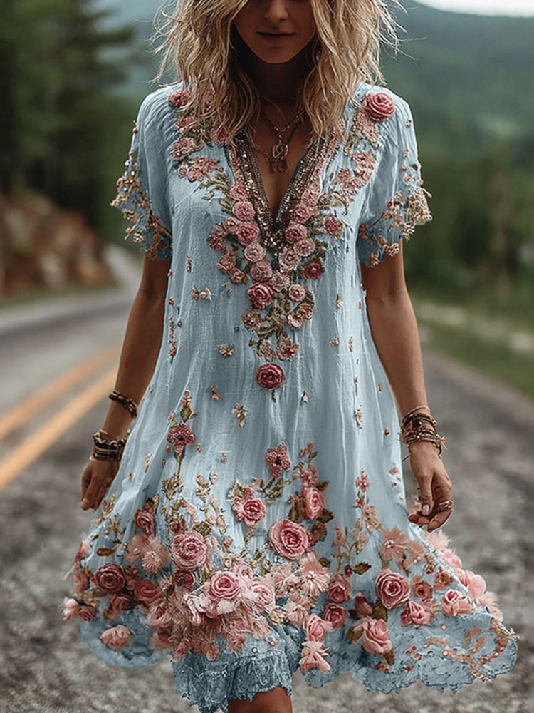 Rosamund™ | Vintage Floral Embroidered Short-Sleeve Dress