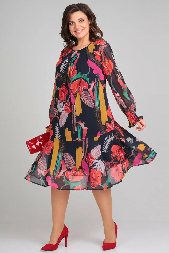 Helena™ | Bold Floral Print Long-Sleeve Midi Dress