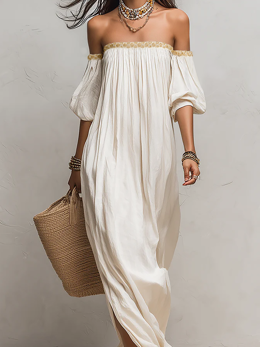 Oriselle™ | Off-the-Shoulder Pleated Ivory Maxi Dress