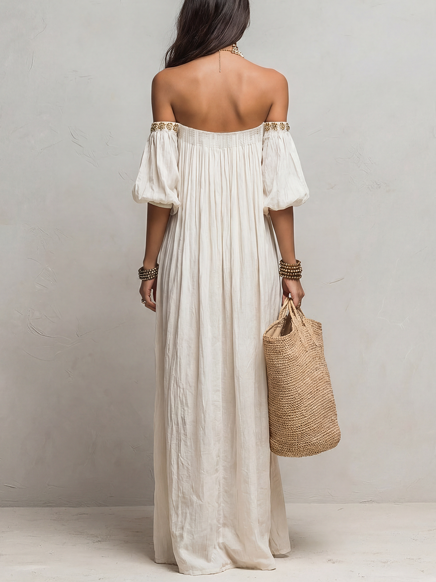 Oriselle™ | Off-the-Shoulder Pleated Ivory Maxi Dress