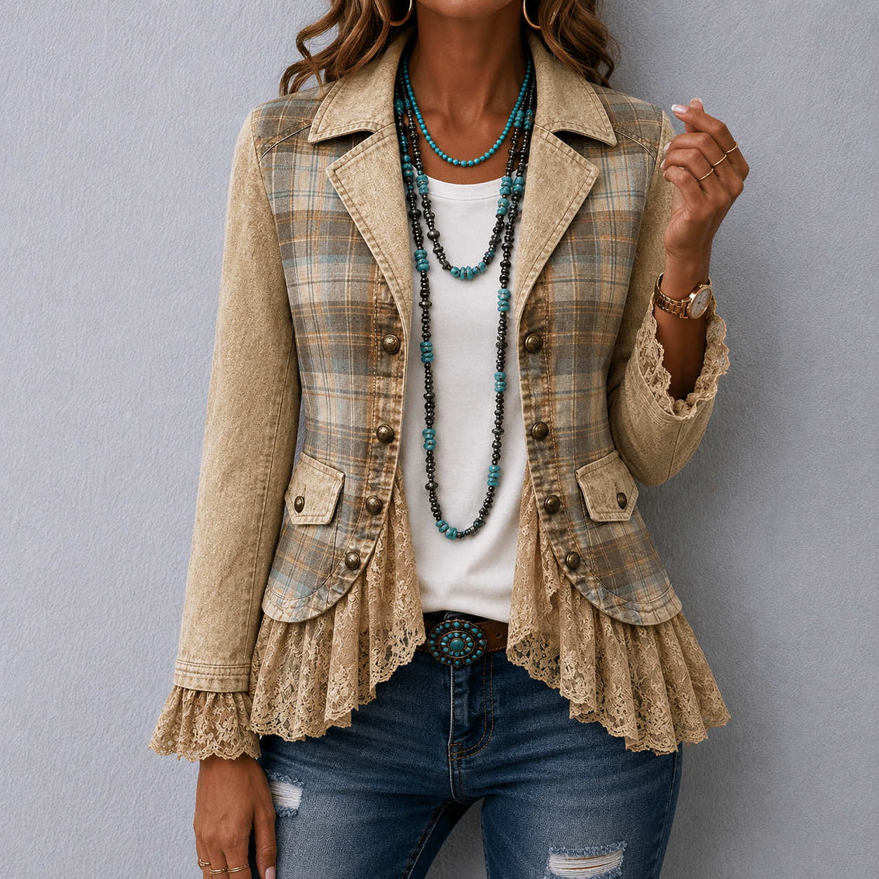 Wexley™ | Plaid Patch Lace Ruffle Hem Jacket