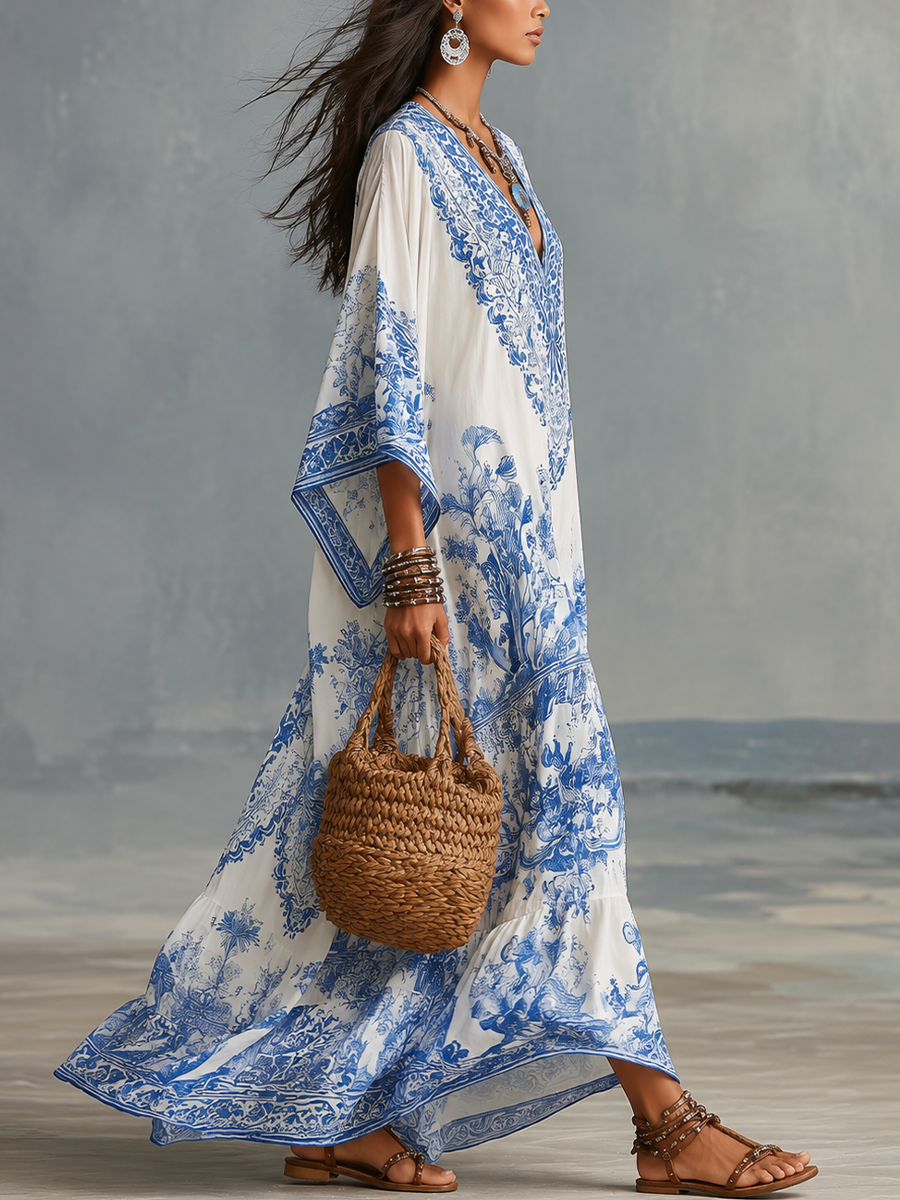 Santorini™ | Blue Porcelain Print V-Neck Kaftan Dress