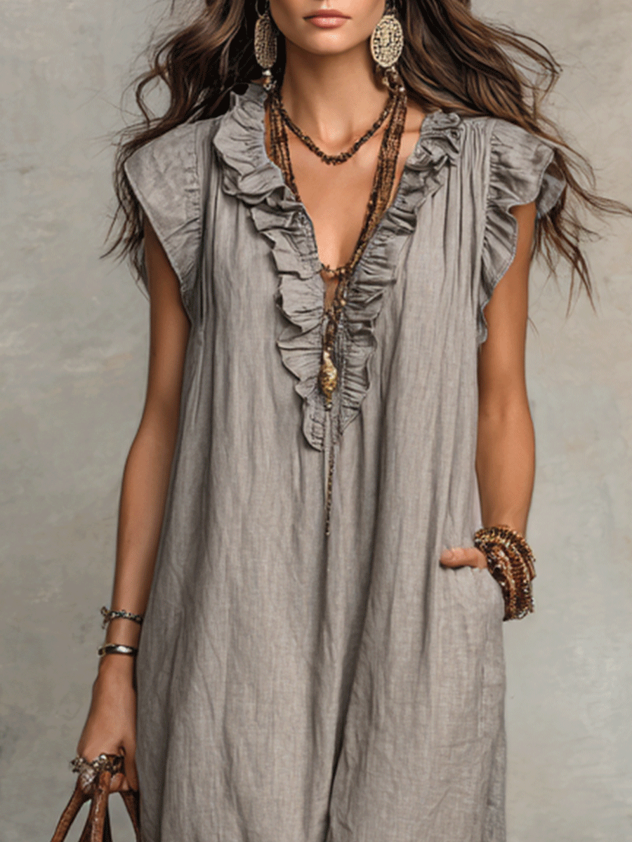 Cecily™ | Sleeveless Ruffle V-Neck Flowy Maxi Dress