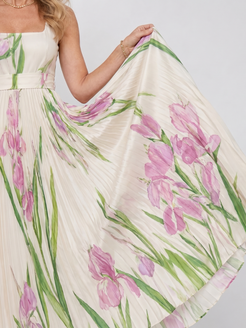 Glorine™ | Sleeveless Floral Pleated Maxi Dress with Square Neckline