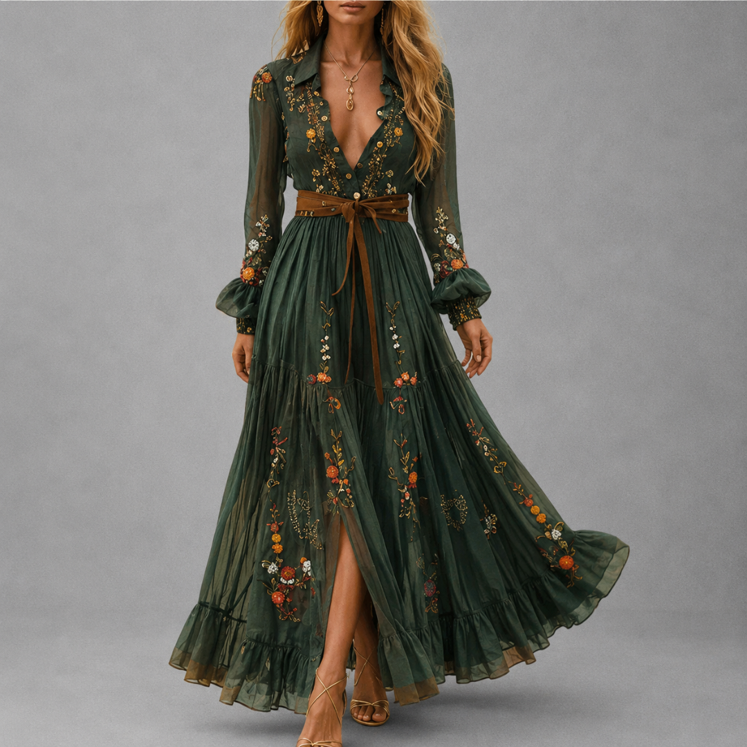 Loretta™ | Embroidered V-Neck Bohemian Maxi Dress