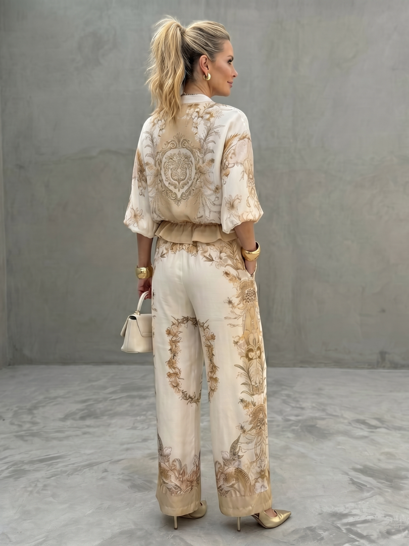 Orveline™ | Zip Front Blouson Top Printed Two Piece Set