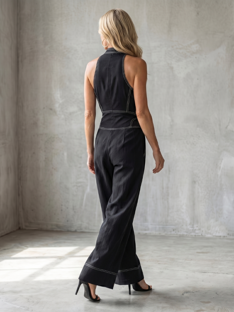 Alandra™ | Zip Front Contrast Stitch Wide Leg Jumpsuit