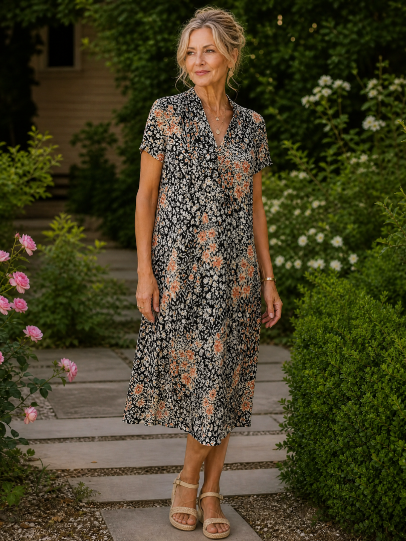 Rosemary™ | Floral V-Neck Short Sleeve Midi Dress