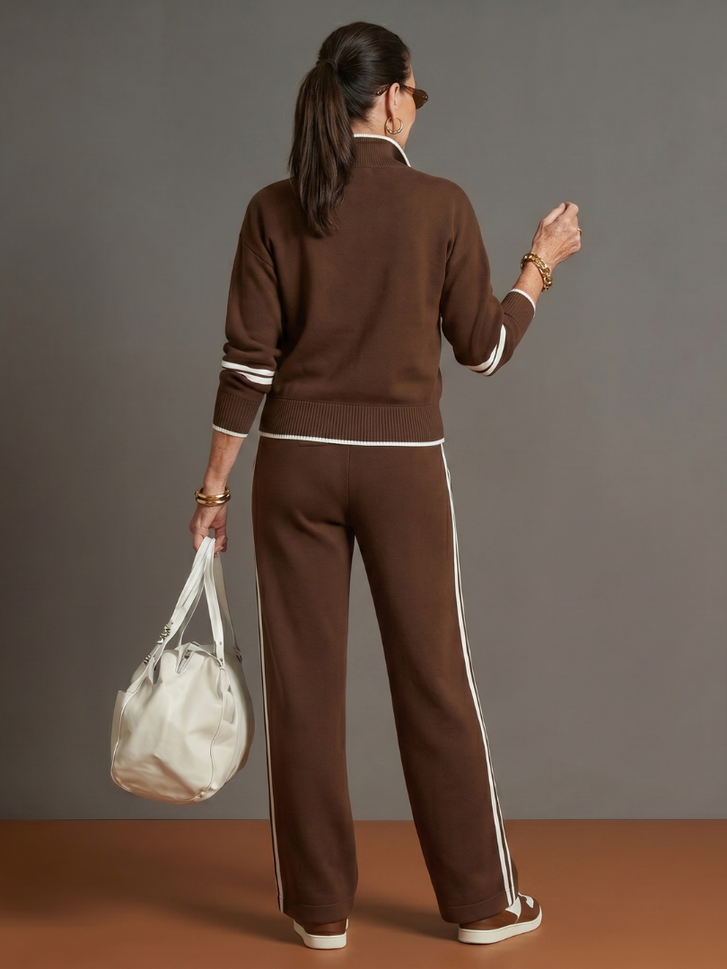 Everly™ | Zip Neck Long Sleeve Side Stripe Pants Set