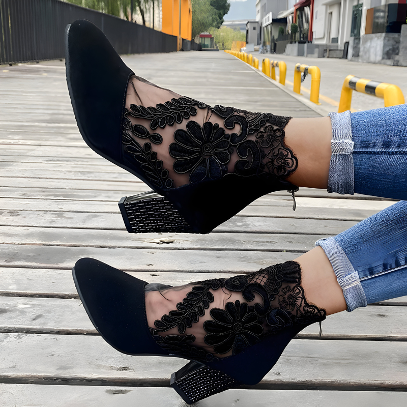 Hazel™ | Lace Embroidered Ankle Bootie Heel