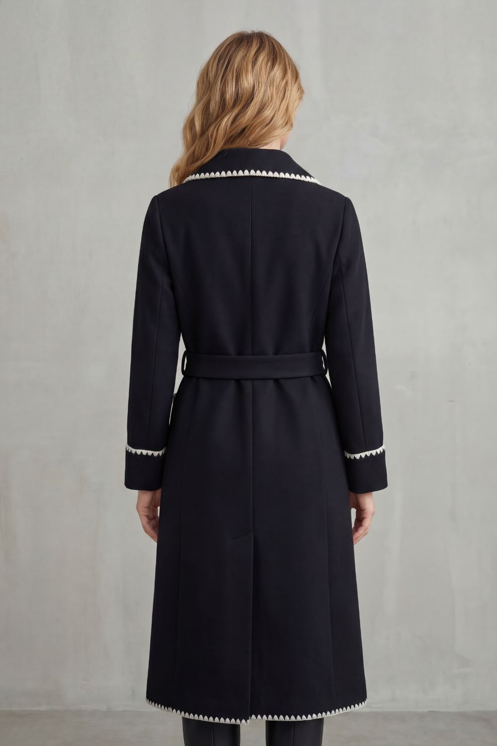 Women's Contrast Trim Longline Belted Coat