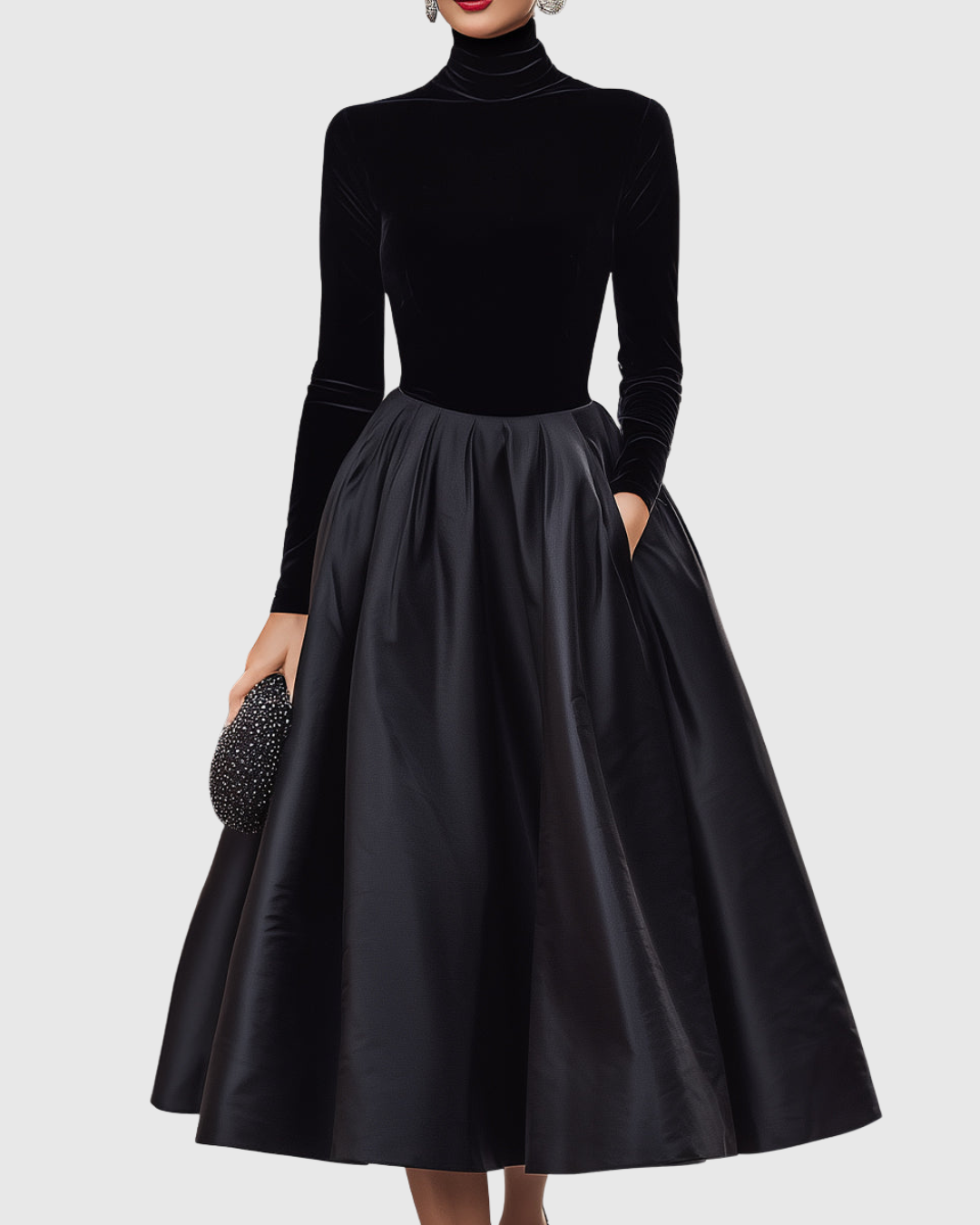 Elegant Black Velvet And Satin Midi Dress