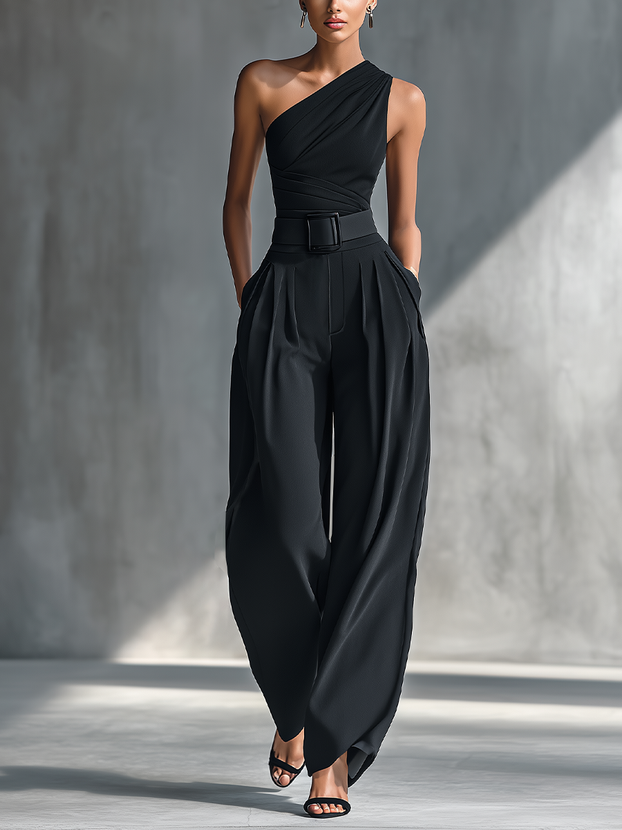 Morena™ | One-Shoulder Belted Wide-Leg Jumpsuit
