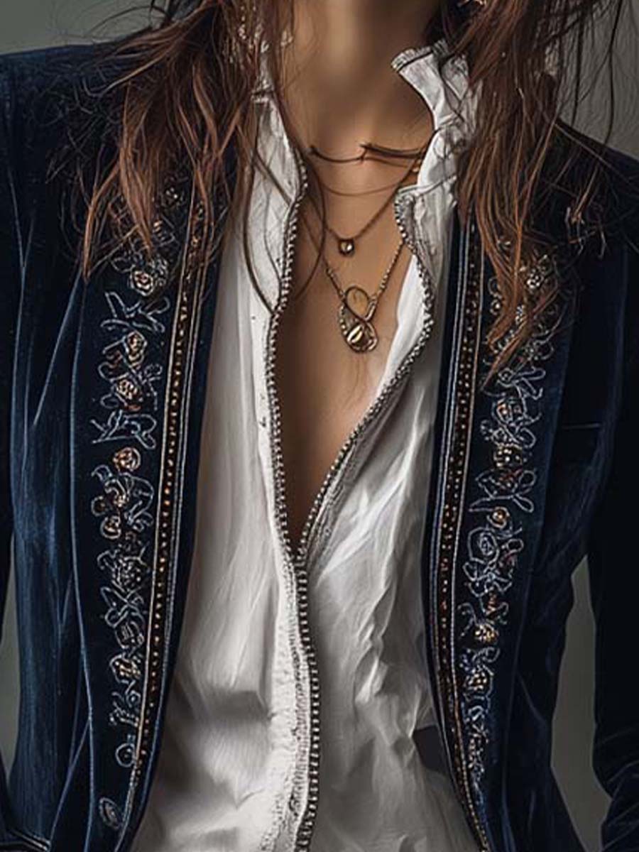 Vadrienne™ | Vintage Navy Embroidered Longline Jacket