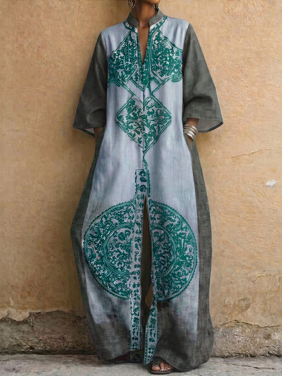 Romilda™ | Loose Three-Quarter Sleeve Contrast Color Ethnic Printed Pockets V-Neck Jumpsuit