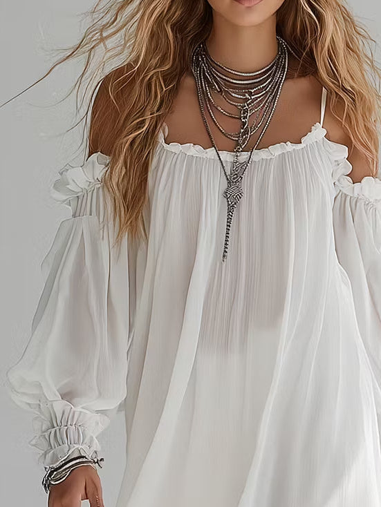 Kaelindra™ | Cold-Shoulder Flowy Boho Mini Dress