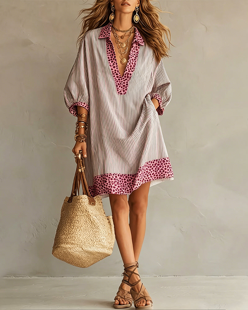Roxana™ | Leopard Print Panel Puff Sleeve Striped Shirt Dress