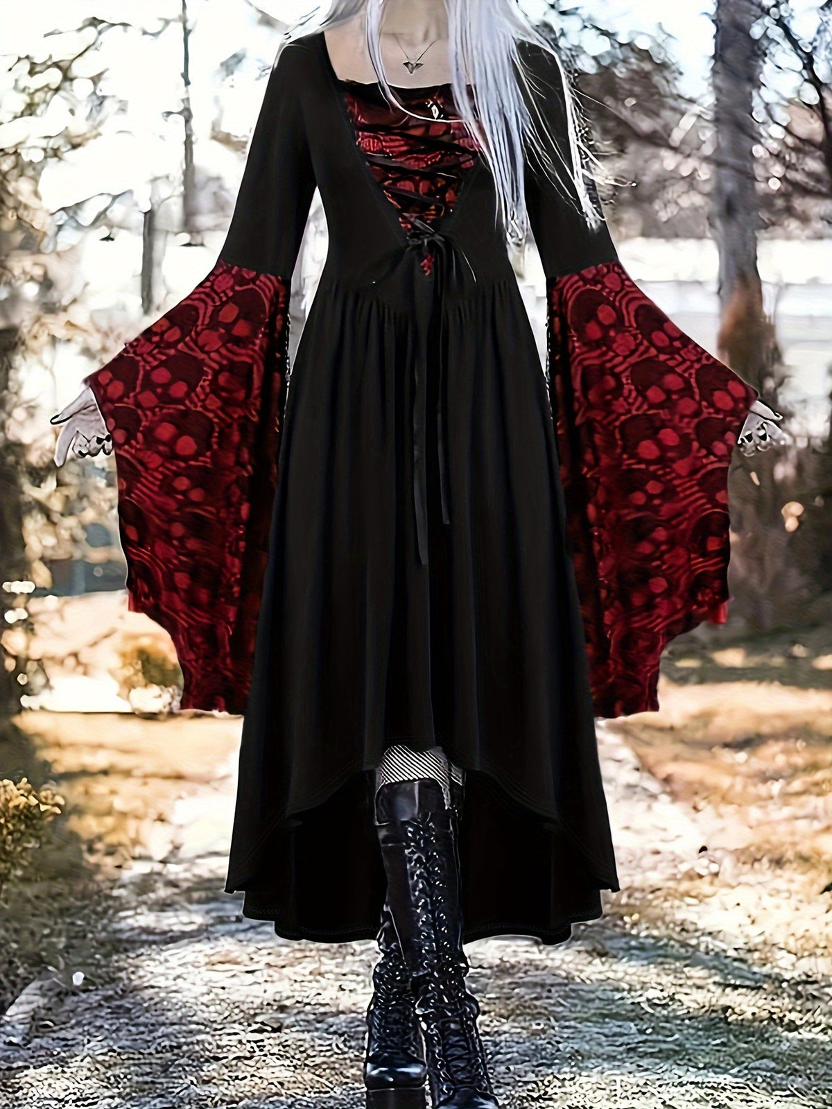 Women's Halloween Skull Print Bat-Sleeve Dress