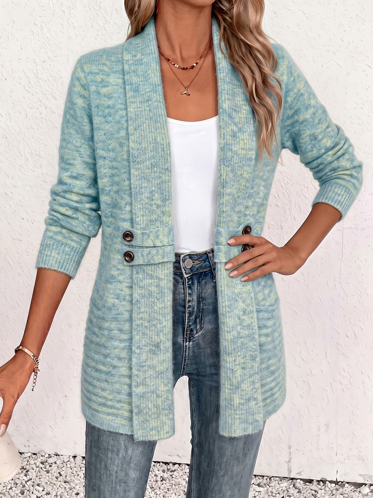 Nova™ | Aqua Ribbed Knit Button-Tab Cardigan