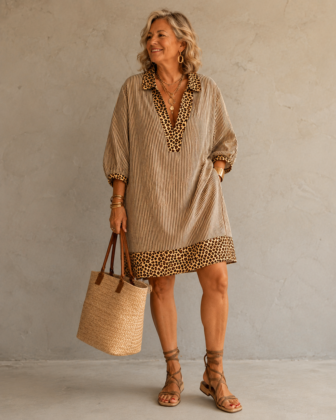 Imogen™ | Striped Dress with Leopard Trim