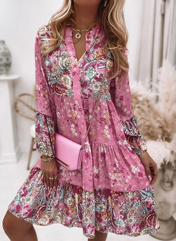 Lavinia™ | Floral Patchwork V-Neck Long Sleeve Above-the-Knee A-Line Dress