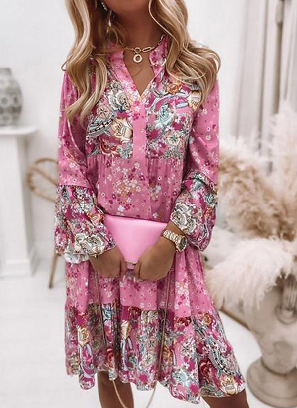 Lavinia™ | Floral Patchwork V-Neck Long Sleeve Above-the-Knee A-Line Dress