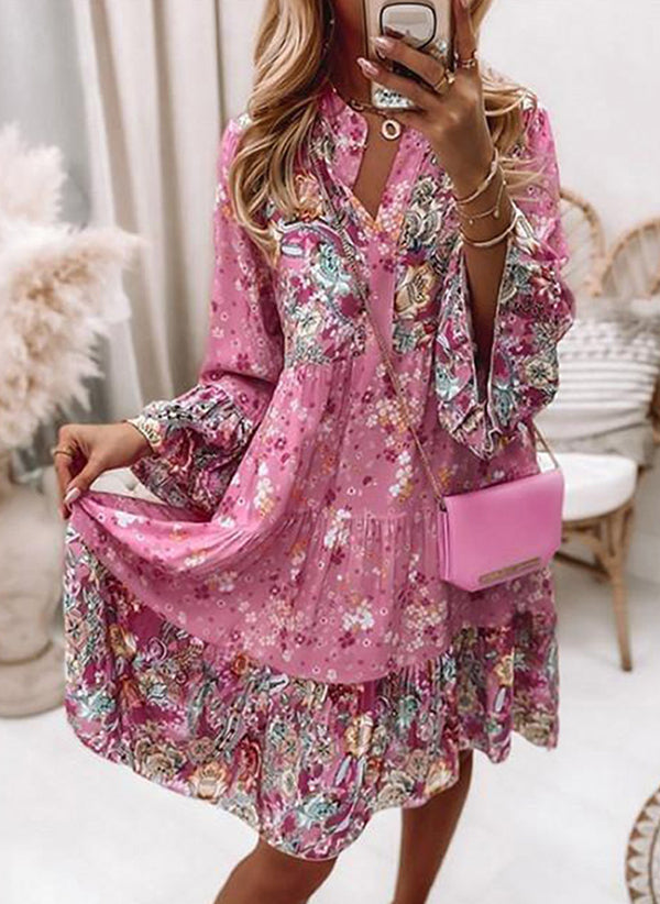 Lavinia™ | Floral Patchwork V-Neck Long Sleeve Above-the-Knee A-Line Dress