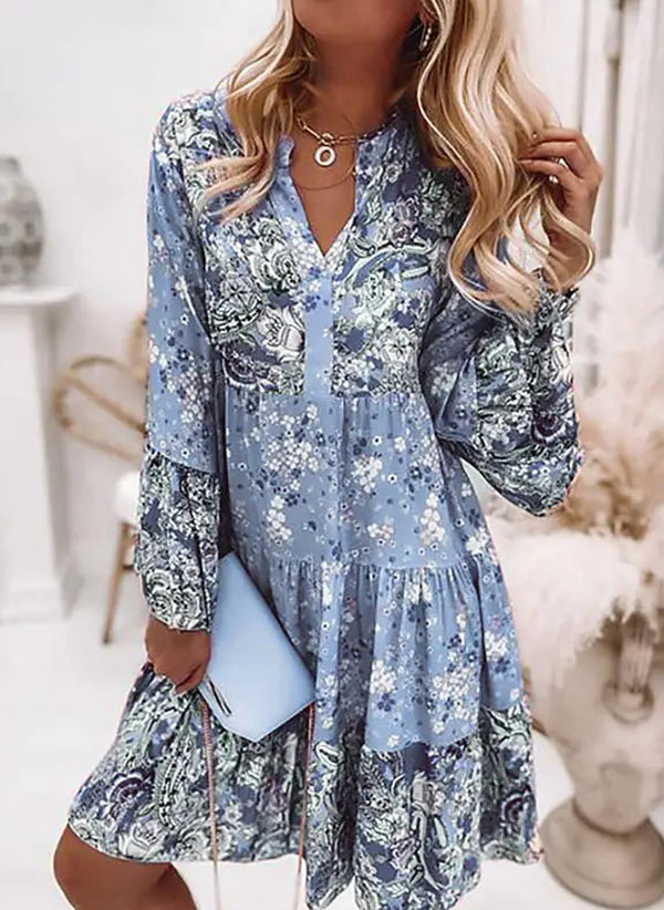 Lavinia™ | Floral Patchwork V-Neck Long Sleeve Above-the-Knee A-Line Dress