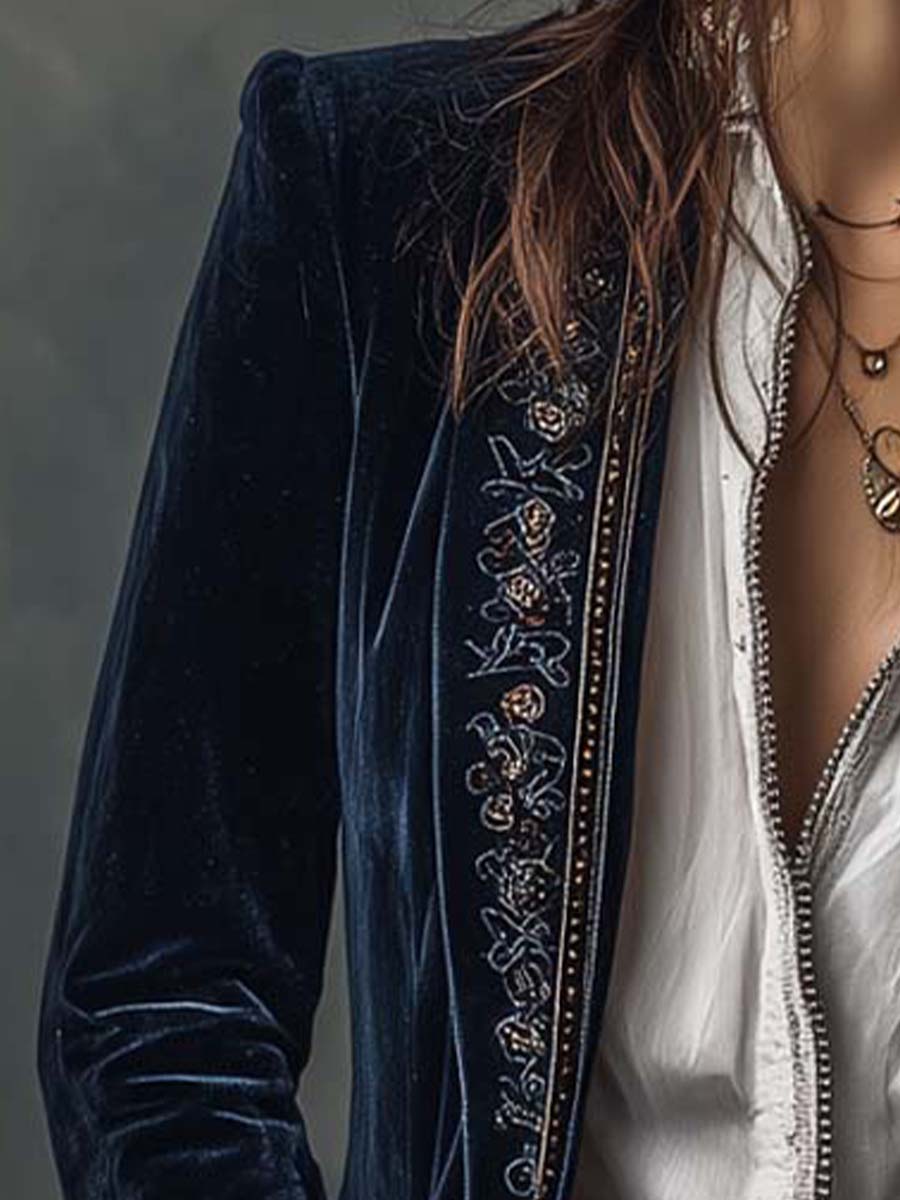 Vadrienne™ | Vintage Navy Embroidered Longline Jacket