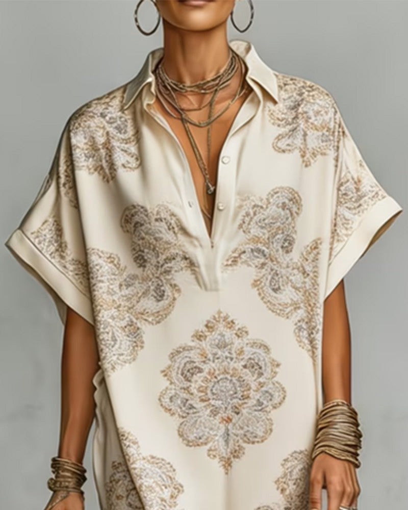 Celestia™ | Printed Collar Button Maxi Shirt Dress