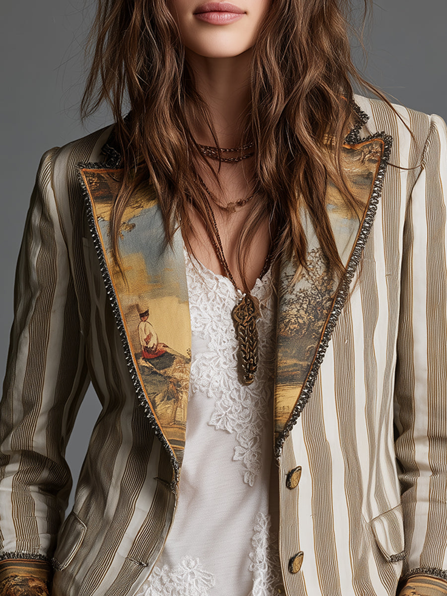 Valdine™ | Boho Striped Printed Lapel Blazer