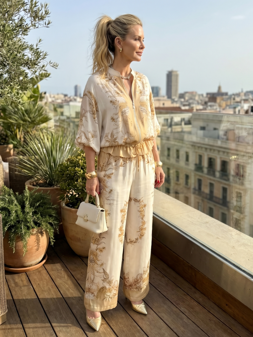 Orveline™ | Zip Front Blouson Top Printed Two Piece Set