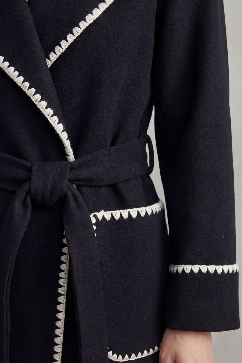Women's Contrast Trim Longline Belted Coat