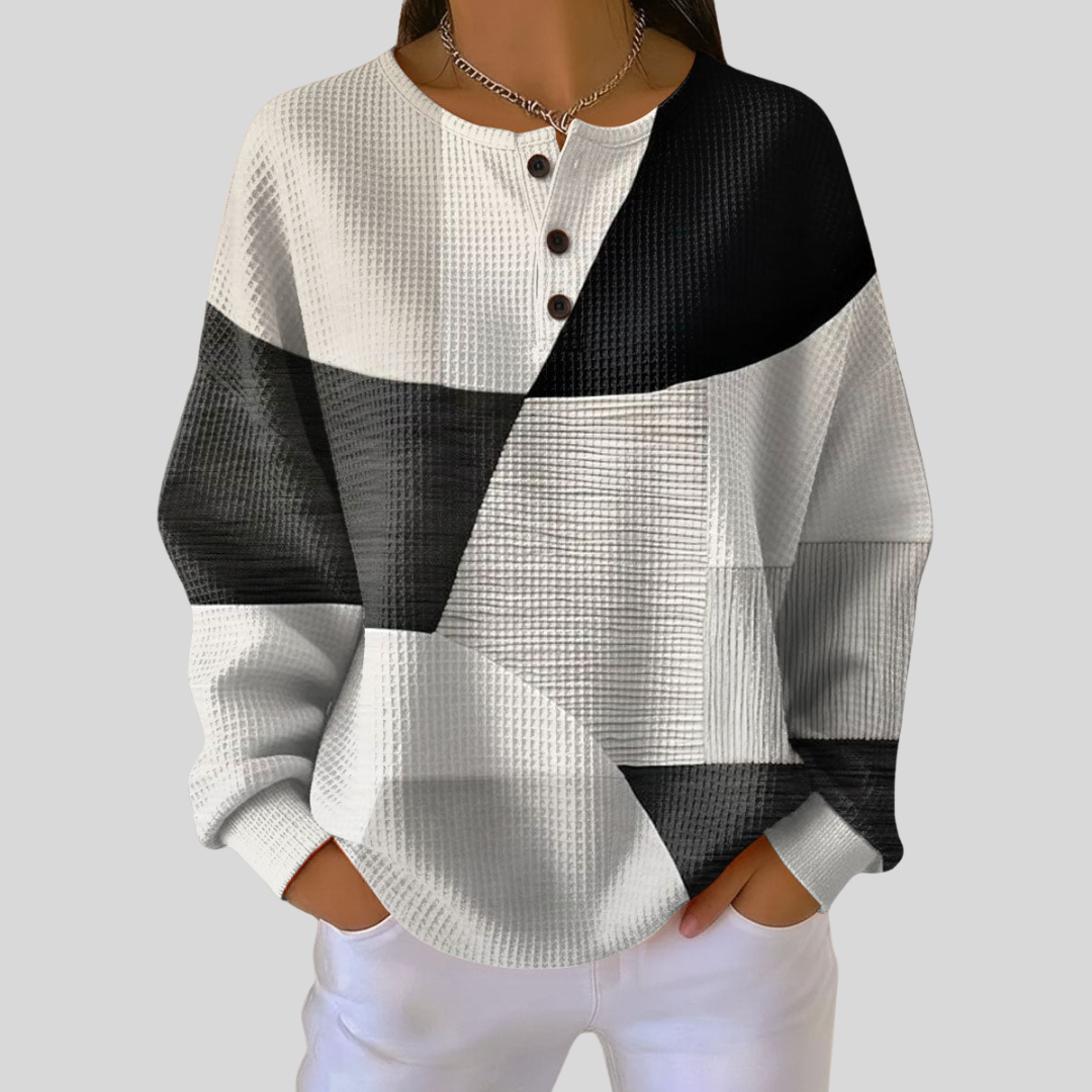 Frondine™ | Geometric Color Block Henley Sweatshirt